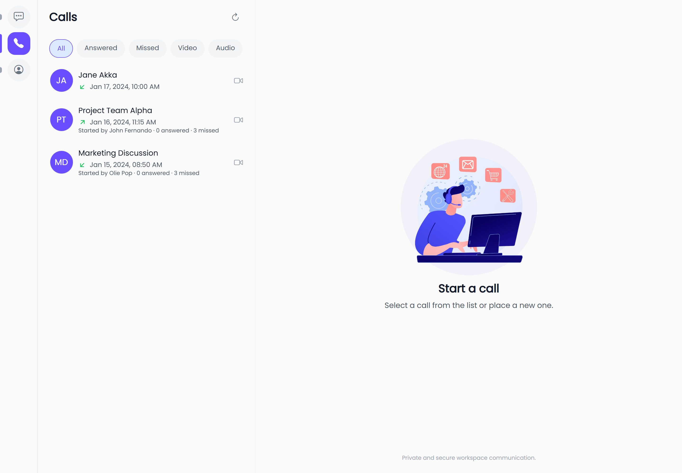 Call history at a desktop viewport
