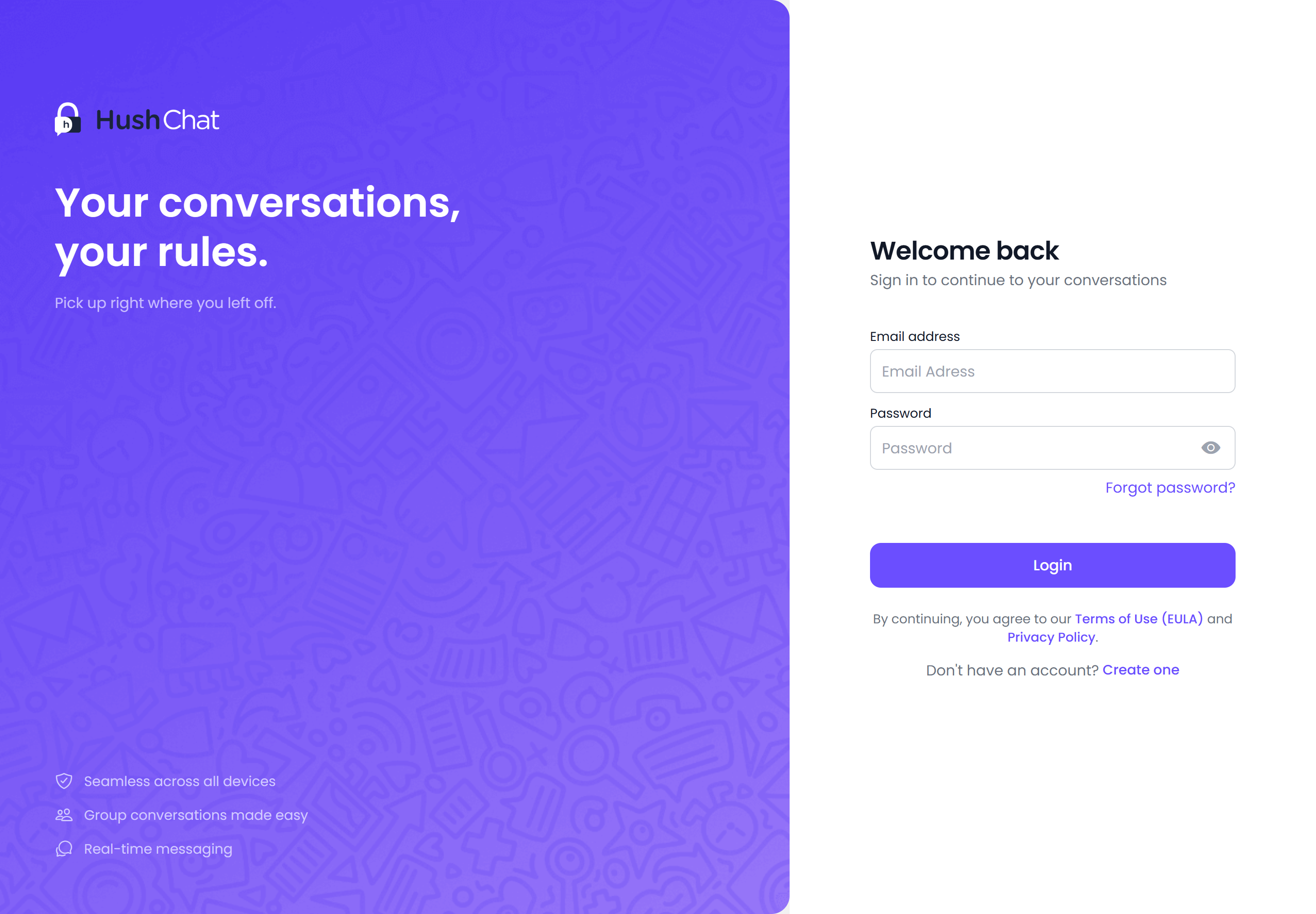 The HushChat sign-in screen at a desktop viewport